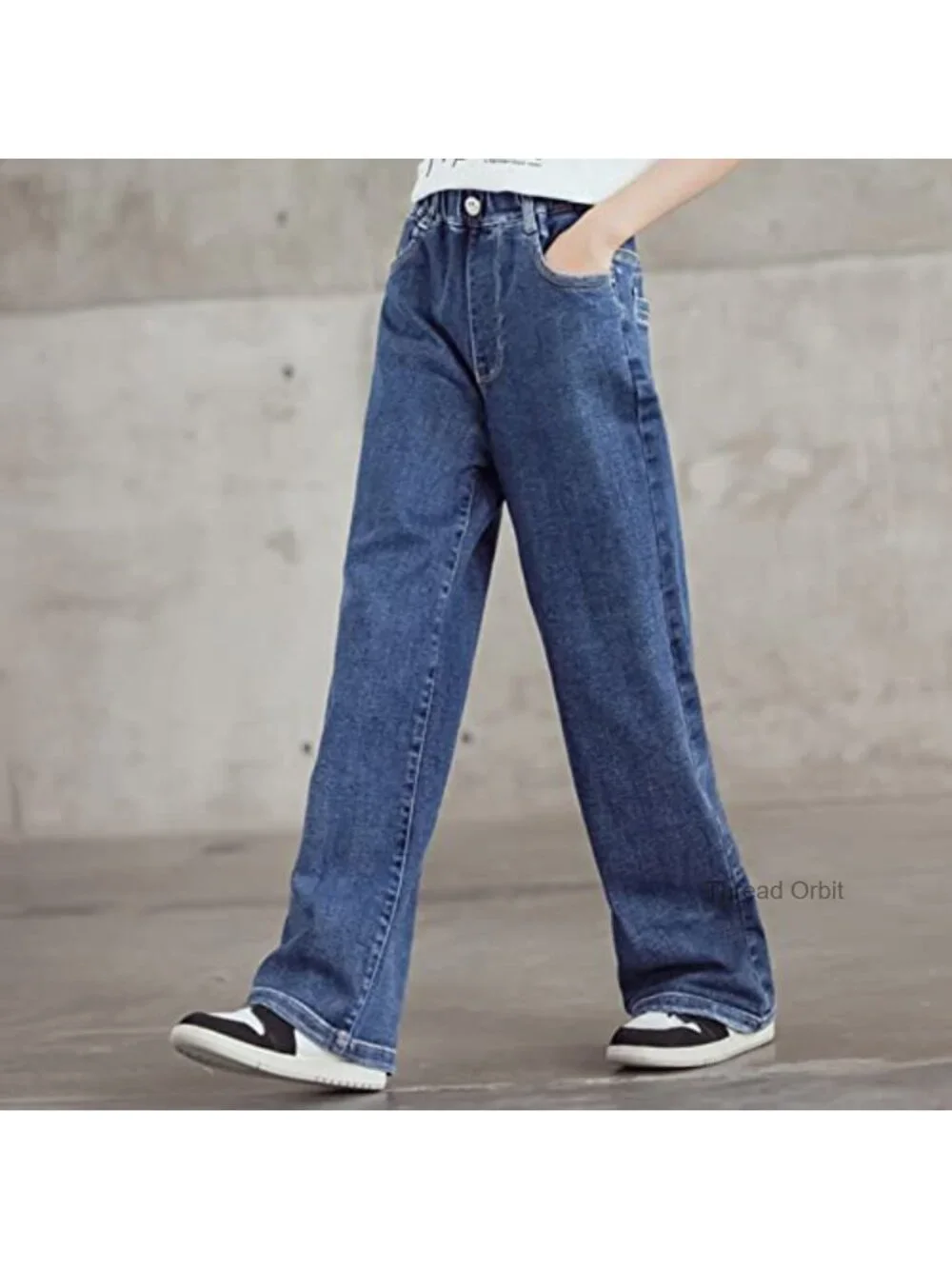Girls Wide Leg Baggy Jeans with Pockets Elastic Waist Pull On Casual Denim